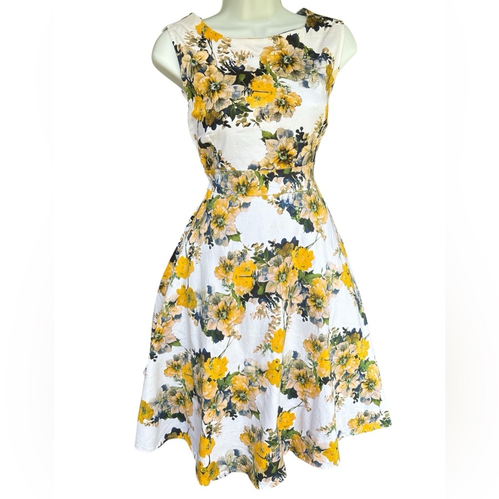 Acevog Pinup 50s Retro Circle Swing Flare Dress Floral Yellow White - XL